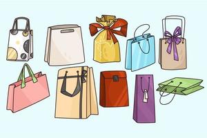 Set of various paper gift bags for birthday or anniversary. Collection of present or shopping packaging of different forms and sizes. Buy and purchase. Flat vector illustration.