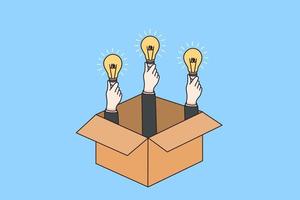 People hands from cardboard package hold lightbulbs. Think outside of box. Businesspeople or employees brainstorm generate new creative business idea. Teamwork concept. Vector illustration.