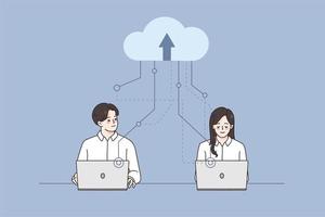 Businesspeople work on computers using cloud service. Employees or colleague busy with laptops take advantage of remote storage online. Modern technology for office job. Vector illustration.