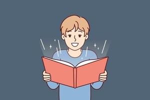 chico antes de adolescencia con abierto libro en manos lee hada cuento o historietas con interés. estudiante cumple instrucciones profesor y es comprometido en Extra curricular ocupaciones estudiando material desde libro vector