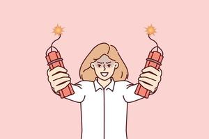 Angry businesswoman holding dynamite in hands threatening to make explosion because of poor performance company employees. Dynamite in hands of businesswoman symbolizes bad management and use threats vector