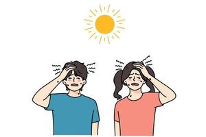 Unwell kids feel sweaty suffer from heatstroke have dizziness and headache. Unhealthy little children struggle with hot weather overwhelmed with sun. Health problem. Vector illustration.