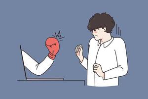 Scared businessman punched by huge hand in boxing glove from computer screen. Anxious man employee or worker threatened by internet criminal or rival. Digital security. Flat vector illustration.