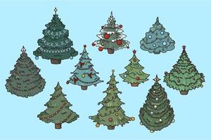 Set of various fir-trees decorated with balls and garlands. Collection of Christmas trees with decoration. New Year and winter holiday celebration. Flat vector illustration.