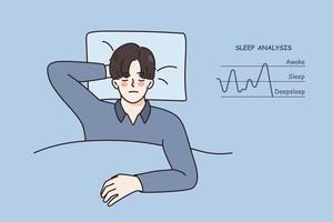 Calm young man asleep in bed have sleep analysis diagram near. Relaxed guy rest nap dream at home in bedroom, analyze deepsleep and awake. Diagnostic app or tracker. Vector illustration.