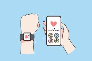 Person with tracker device on hand wrist use application on smartphone. Man use modern app on watch and cellphone check health and pace. Technology and healthcare concept. Vector illustration.