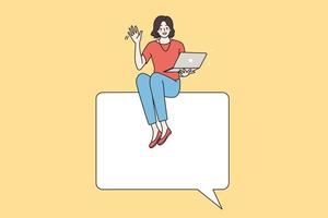 Social media and communication concept. Young businesswoman with laptop sitting on bubble talk speech sign waving hand to camera vector illustration