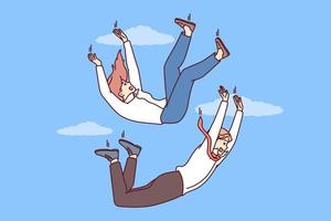 Man and woman in business clothes fall down for concept of employees in corporation or job loss. Colleagues falling among clouds symbolizes recession that caused problems in business and bankruptcy vector