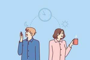 Man and woman experience problems and feel excessive fatigue in early morning or insomnia in evening. Guy and girl in pajamas are standing near clock symbolizing insomnia and breaking sleep cycles vector