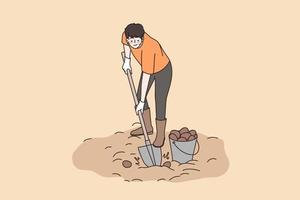 Pesticide spraying and growing farming concept. Young man farmer digging ground with shovel spraying pesticide chemicals on plants vector illustration