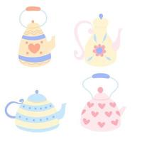 set of four cute handdrawn teapots, pastel colors vector