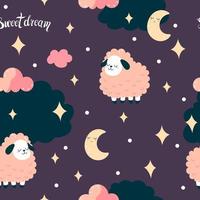 A cute seamless pattern with pink sheep, stars and clouds on a dark purple background vector