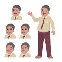 old man standing pose with set of face expression set vector