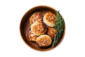 Wooden bowl with arepas isolated on a transparent background png