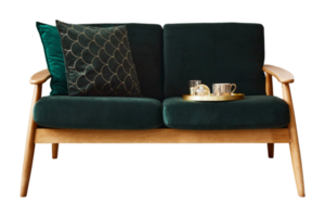 Green sofa with golden tray and cups isolated on a transparent background png