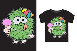 Hand drawn funny little green hairy monster with ice cream illustration for kids t shirt design vector