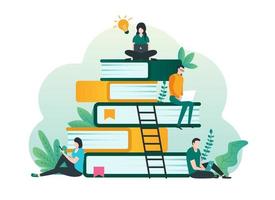 Online education, e-learning, online course concept with students learning and using laptop illustration vector