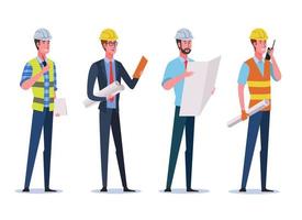 Construction engineer with safety helmet and blueprint. Building industry concept. Professional contractor worker, builder and architect vector