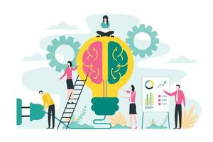 Brainstorming creative idea, business meeting and teamwork concept with big light bulb and brain illustration vector