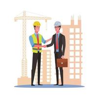 Construction project manager with businessman shaking hands at construction site vector