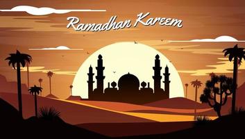 A poster for ramadan mosque silhoutte at desert sunset landscape illustration vector