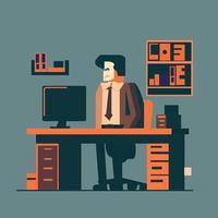 A man sits at a desk working flat illustration vector