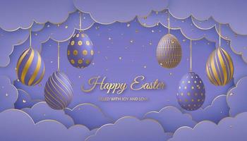 Happy Easter greeting card. Paper clouds and realistic Easter eggs on strings in trendy colors Very Peri. vector