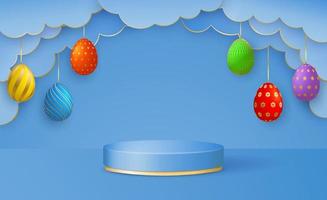 Happy Easter Day 3d scene with paper cut clouds, podium platform and Easter eggs garlands on a blue background. vector