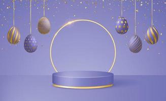 Happy Easter Day 3d scene with podium platform, Easter eggs garlands and confetti in trendy colors Very Peri. vector