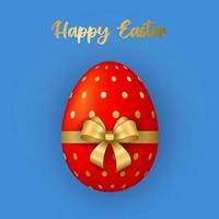 Happy Easter greeting card. Cute red 3D Easter egg with golden ribbon and bow. vector