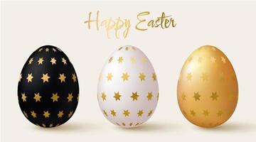 Easter eggs set. Black, white and gold 3d design elements with gold pattern. vector