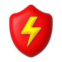 Golden lightning on a red shield. Protection concept. 3d realistic vector design element.