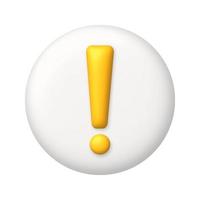 Yellow exclamation mark symbol on white button. Attention or caution sign icon. 3d realistic vector design element.