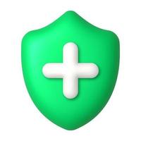 White cross on green shield 3d icon. Medicine and healthcare concept. 3d realistic vector design element.