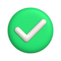 White check mark icon on green round button. 3d realistic design element. vector