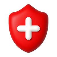 White cross on red shield 3d icon. Medicine and healthcare concept. 3d realistic vector design element.