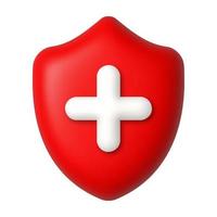 White cross on red shield 3d icon. Medicine and healthcare concept. 3d realistic vector design element.