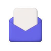 New message 3d icon. Purple open mail envelope with sheet of paper. 3d realistic vector design element.