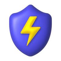 Golden lightning on a purple shield. Protection concept. 3d realistic vector design element.