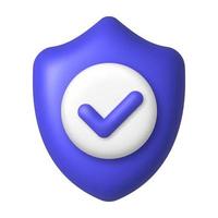 Purple checkmark and shield 3d icon. Security and protection concept. 3d realistic vector design element.