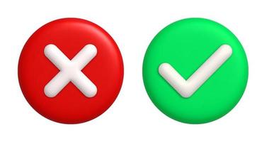 Check mark and cross mark 3d icons on green and red round background. 3d realistic design element. vector