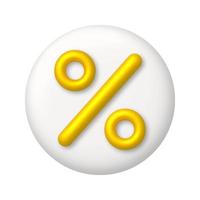 Golden percent sign on white button. Business and science icon. 3d realistic vector design element.