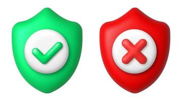 Check mark and cross on red and green shields. Cancel and accept icons. 3d realistic vector design element.