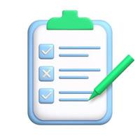 Document 3d icon. Sheet of paper on clipboard and pen. To-do list concept with check and cross marks. 3d realistic design element. vector