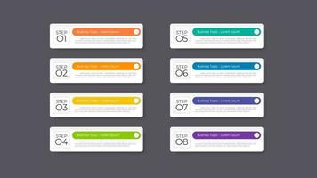 El diseño moderno de negocios de infografía con 8 conceptos, partes, pasos o procesos de opciones se puede utilizar para el diseño de flujo de trabajo, diagrama, opciones de números, diseño web. elemento infográfico. vector