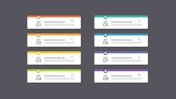 Modern infographics business design with 8 option concepts, parts, steps or processes can be used for workflow layout, diagram, number options, web design. infographic element. vector