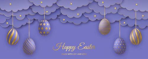 Happy Easter greeting card. Paper clouds, realistic Easter eggs on strings and stars in trendy colors Very Peri. vector