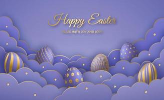 Happy Easter Day greeting card with paper cut clouds and realistic 3d Easter eggs in trendy colors Very Peri. vector