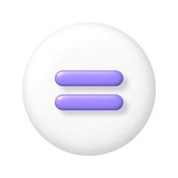 Math 3D icon. Purple arithmetic equals sign on white round button. 3d realistic design element. vector