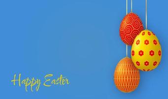 Happy Easter greeting card. Bright 3D eggs hanging on ribbons on a blue background. vector